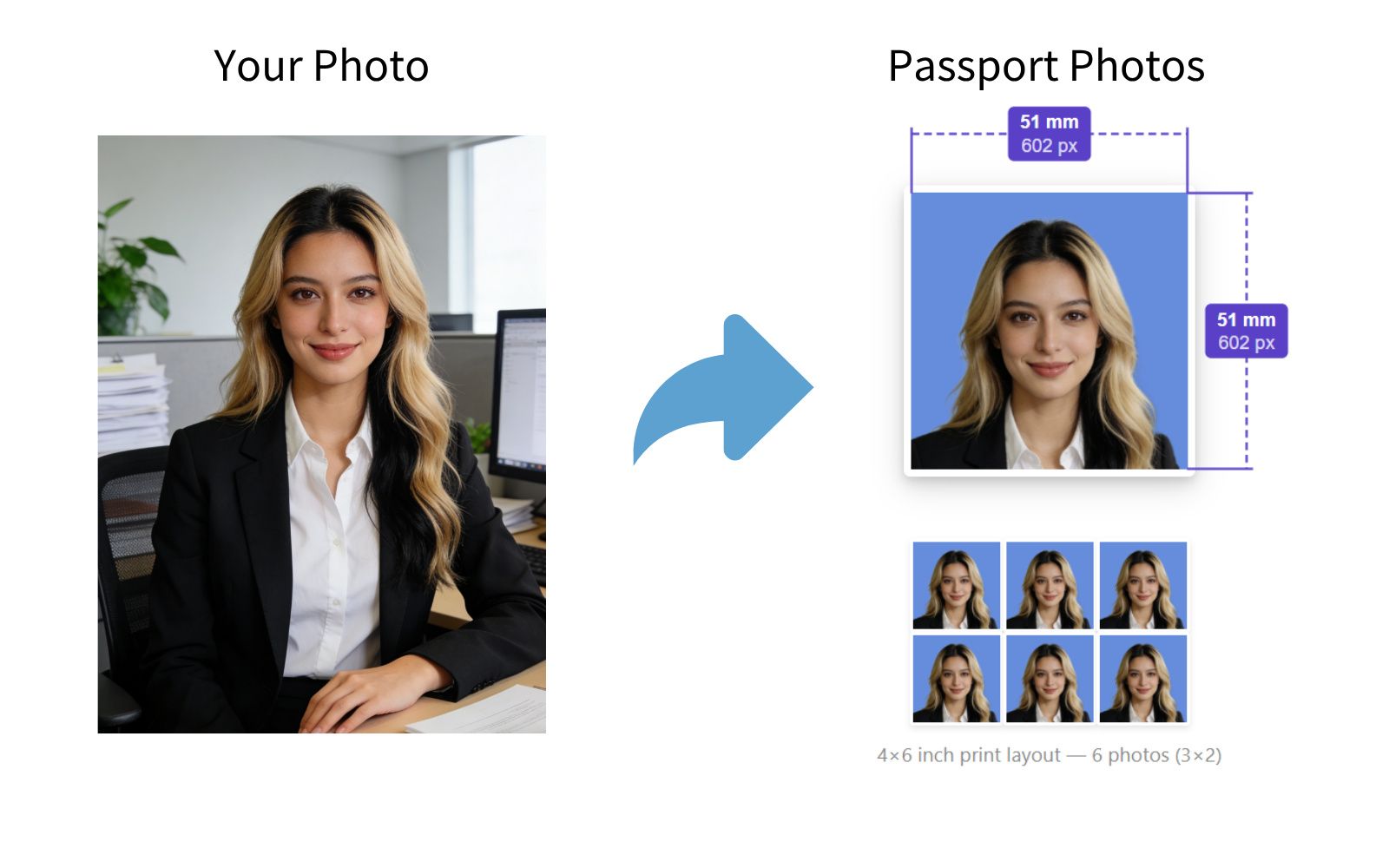 Create compliant passport photos online - AI-powered passport photo maker showing before and after background removal